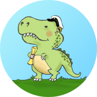 Vassaru, en grön dinosaurie med en studentmössa på huvudet som bär hörapparat.